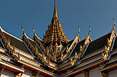 Bangkok Grand Palace,  details of the tiered roof and the tiered spire of the Maha Prasat throne hall. 